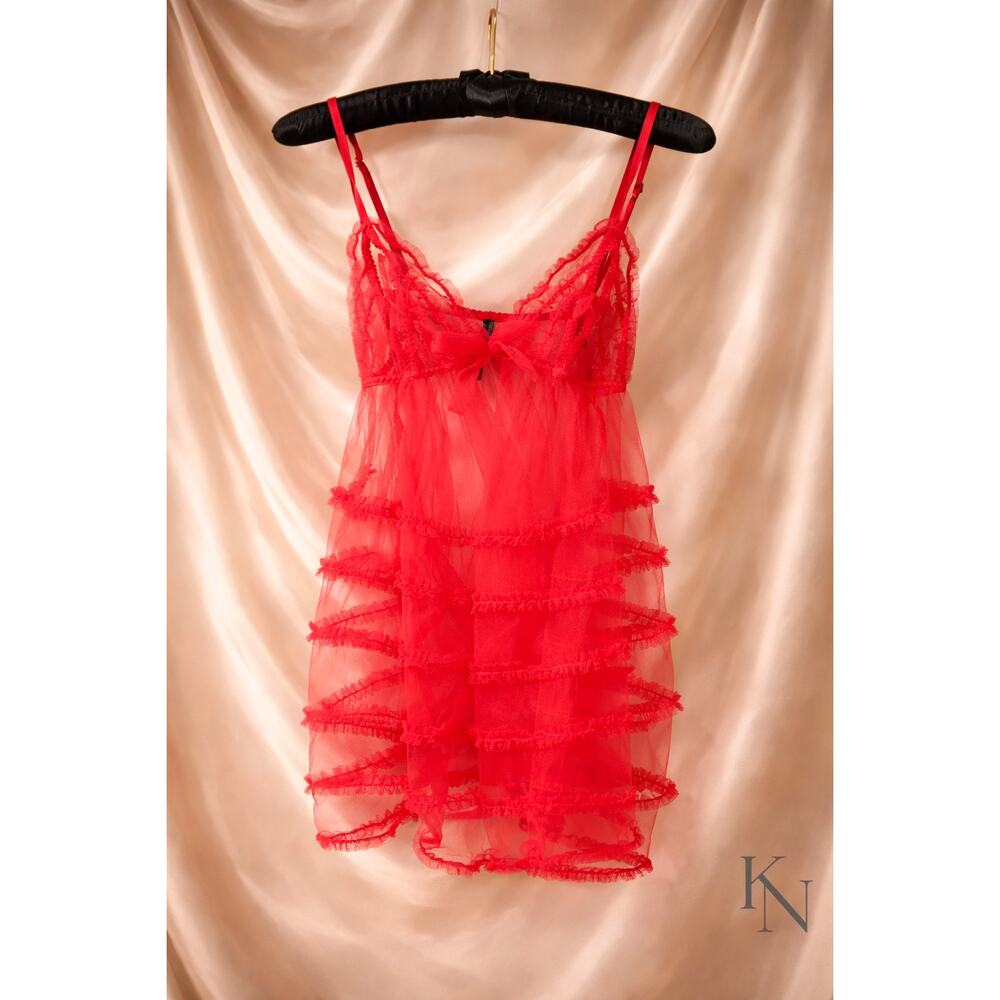 Victoria’s Secret Sheer Red Babydoll Slip Lingerie Size Large Flowy Ruffle Mesh